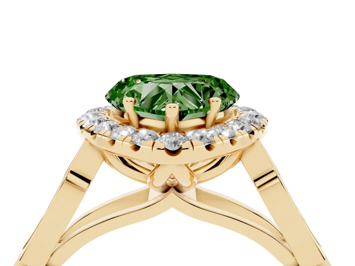 Fancy Green Heart Cut Halo Diamond Engagement Ring with Filigree Band and Four-Prong Setting Yellow gold