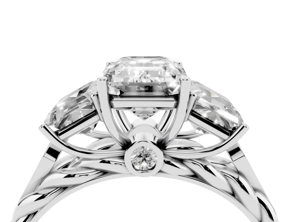 Three-Stone Emerald Cut Diamond Braided Band Ring with Four-Prong Setting Platinum
