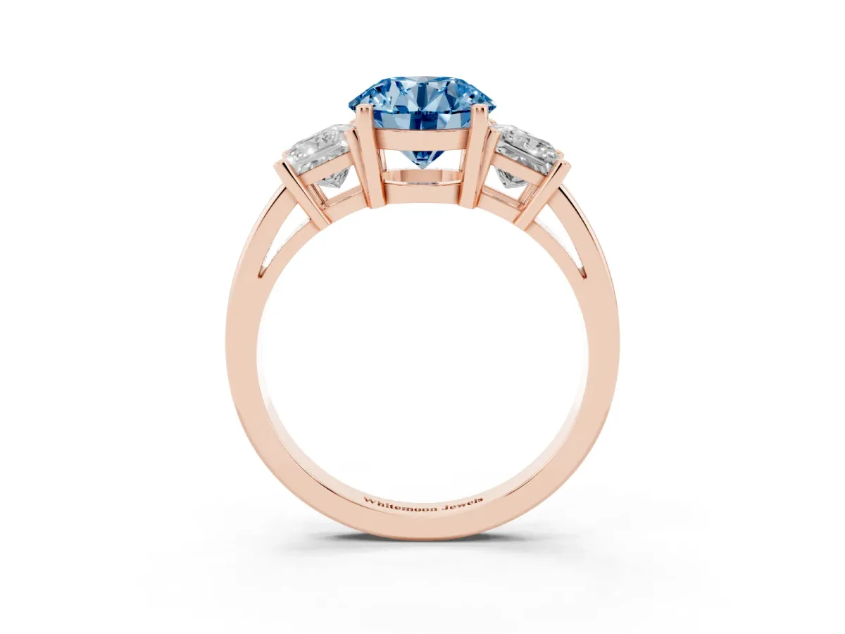 Fancy Blue Three-Stone Round Cut Cut Solitaire Ring with Prong Setting Rose gold