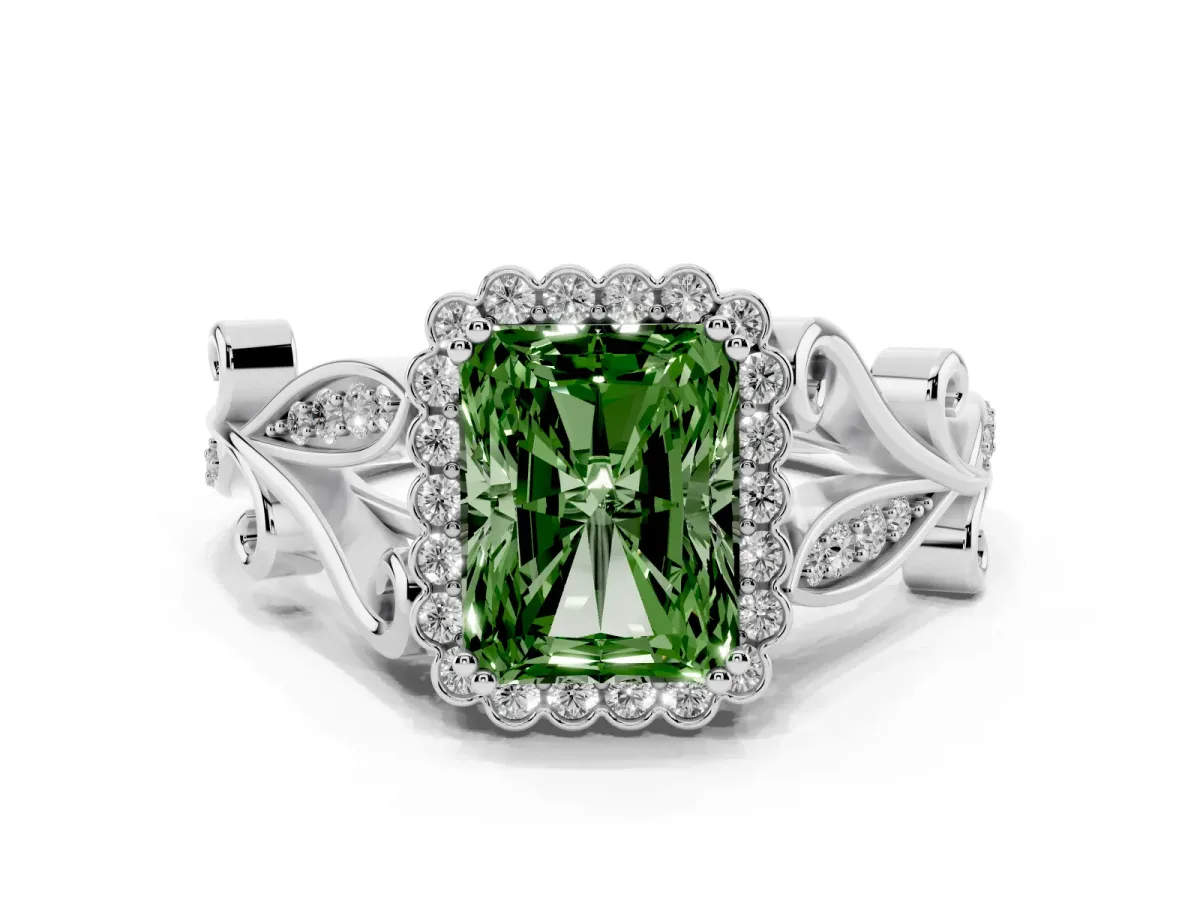 Fancy Green Radiant Cut Diamond Halo Ring with Vintage Split Shank and Four-Prong Setting Silver