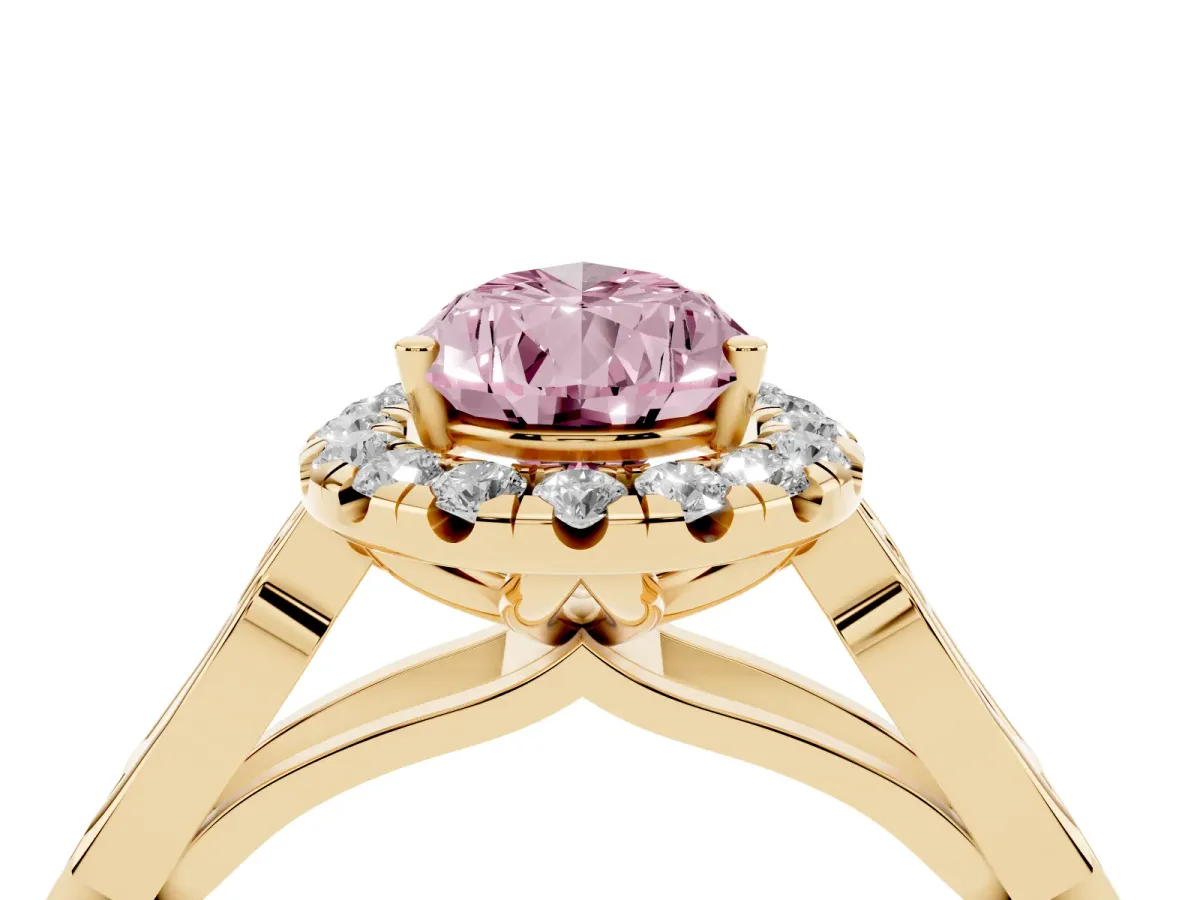 Fancy Pink Pear Cut Halo Diamond Engagement Ring with Filigree Band and Four-Prong Setting Yellow gold