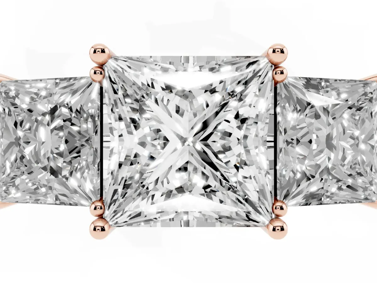 Three-Stone Princess Cut Cut Diamond Engagement Ring with Prong Setting on a White Gold Band Rose gold