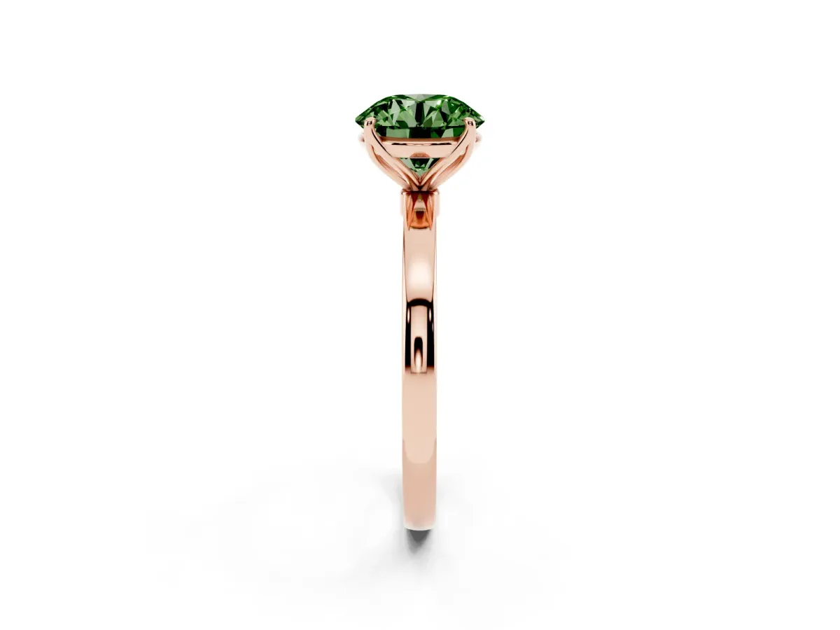 Fancy Green Round Cut Diamond Solitaire Ring with Thin Band and Prong Setting Rose gold