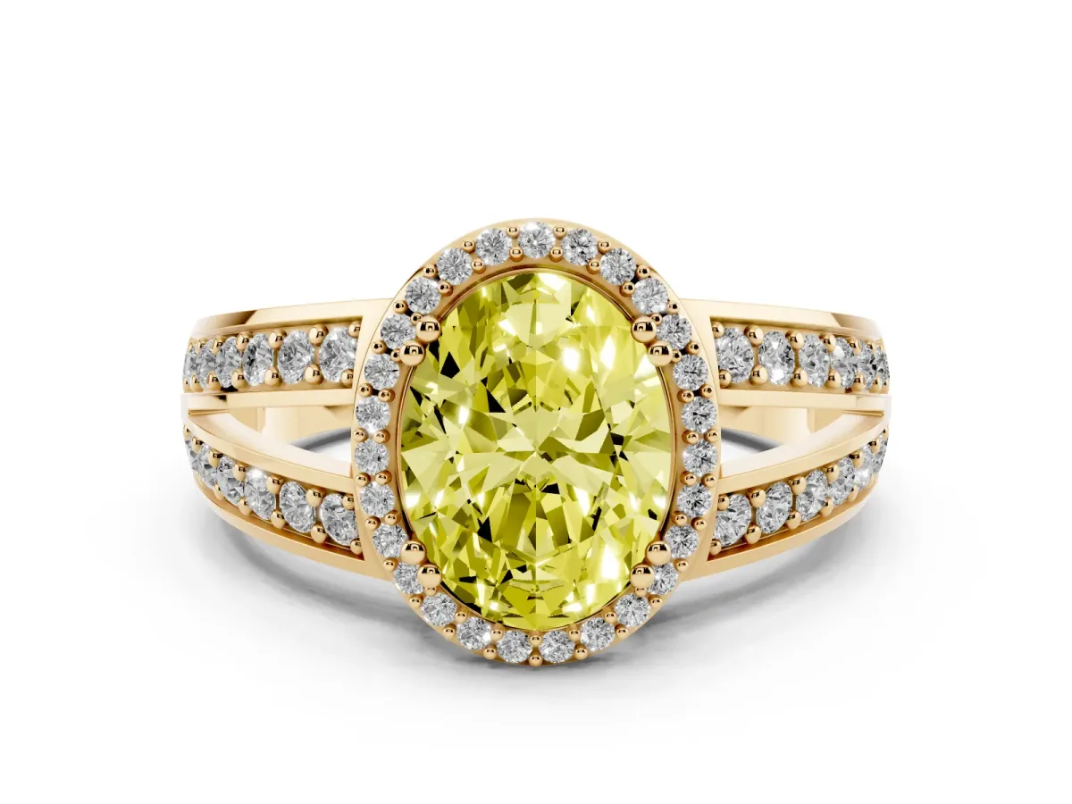 Fancy Yellow Oval Cut Diamond Halo Ring with Split Shank Pavé Band and Four-Prong Setting Yellow gold