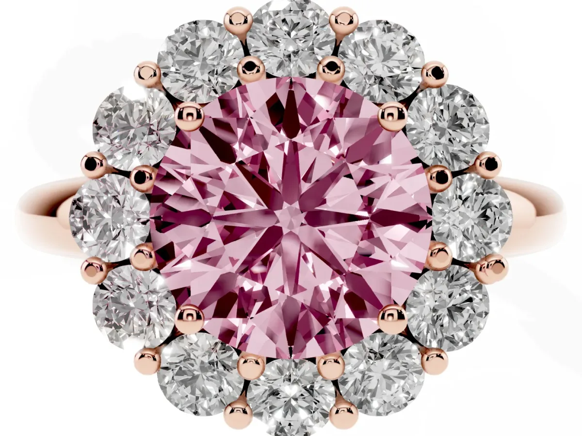 Fancy Pink Round Cut Halo Cluster Diamond Engagement Ring with Prong Setting and Polished Band Rose gold