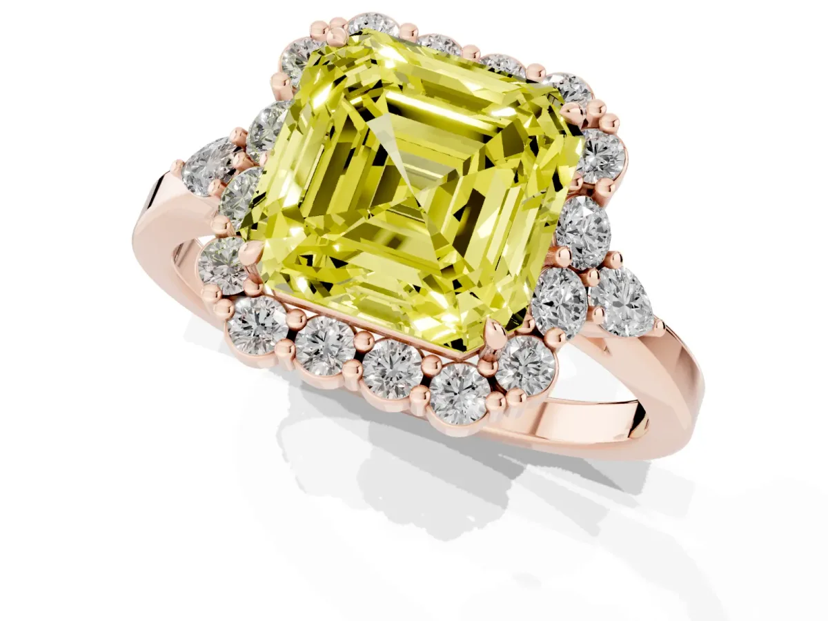 Fancy Yellow Asscher Cut Diamond Halo Ring with Pear Side Stones and Prong Setting Rose gold