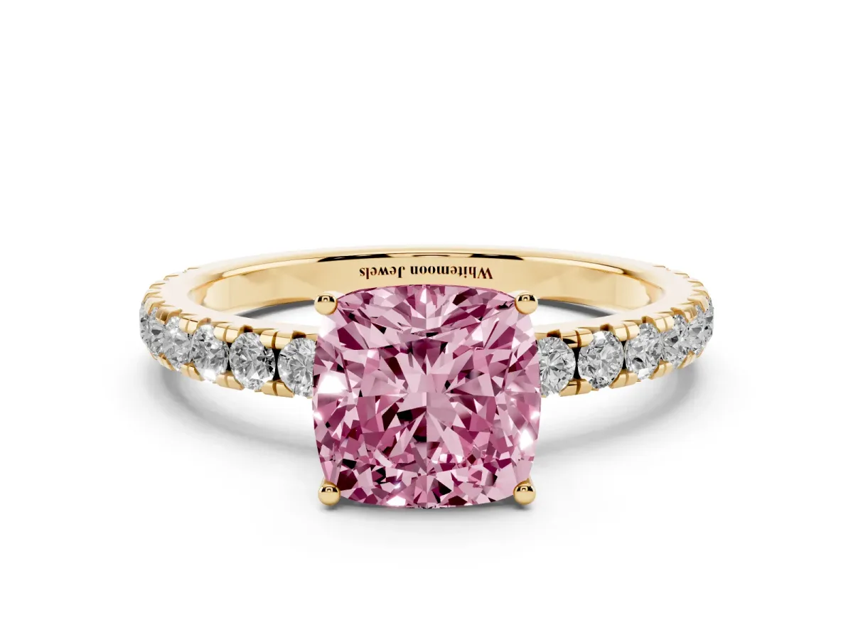 Fancy Pink Cushion Cut Diamond Pavé Solitaire Engagement Ring with Four-Prong Setting Yellow gold