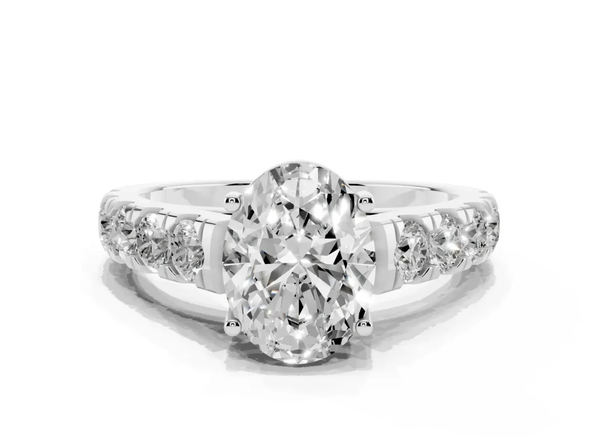 Oval Cut Cut Diamond Solitaire Ring with Micro Pave Band and Prong Setting Platinum