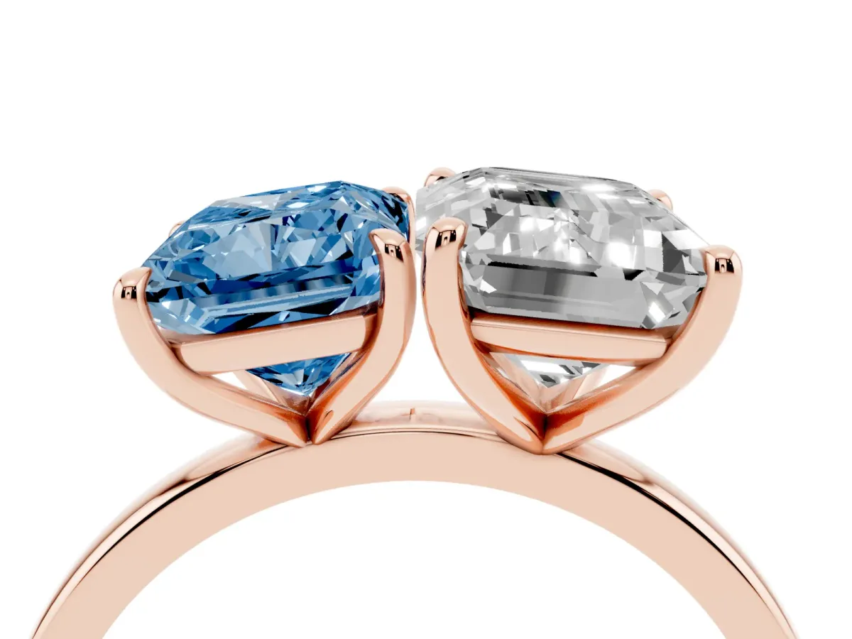Fancy Blue Radiant Cut and Emerald Cut Toi Moi Ring with Prong Setting Rose gold