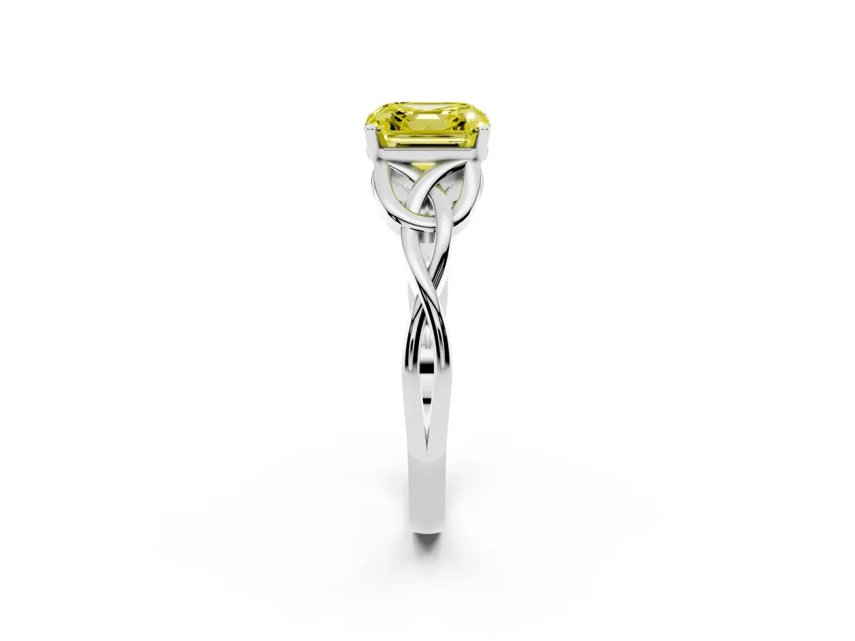 Fancy Yellow Asscher Cut Diamond Solitaire Engagement Ring with Celtic Knot Band and Four-Prong Setting White gold