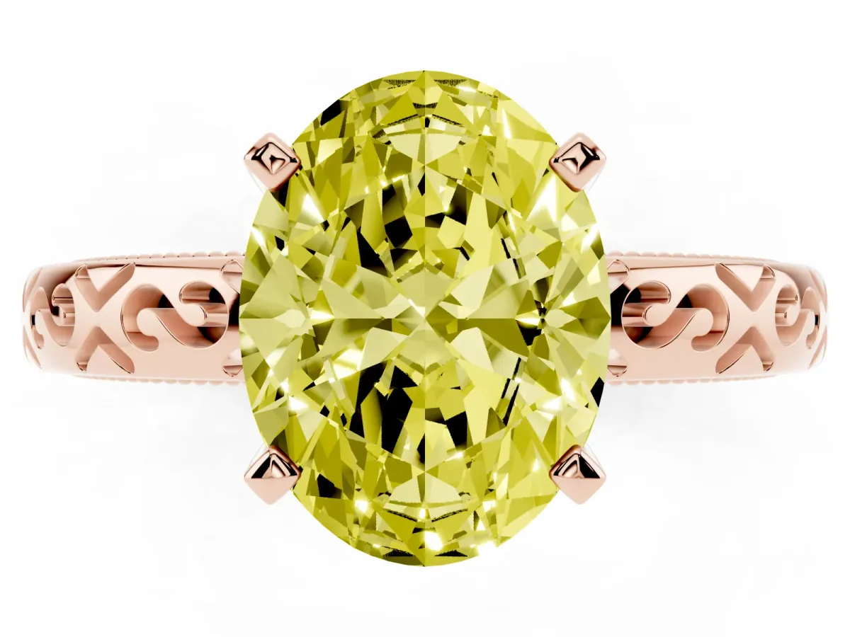 Fancy Yellow Oval Cut Solitaire Engagement Ring with Scrollwork Band and Four-Prong Setting Rose gold