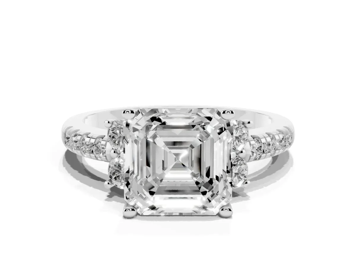 Asscher Cut Diamond Three-Stone Pave Band with Four-Prong Setting White gold