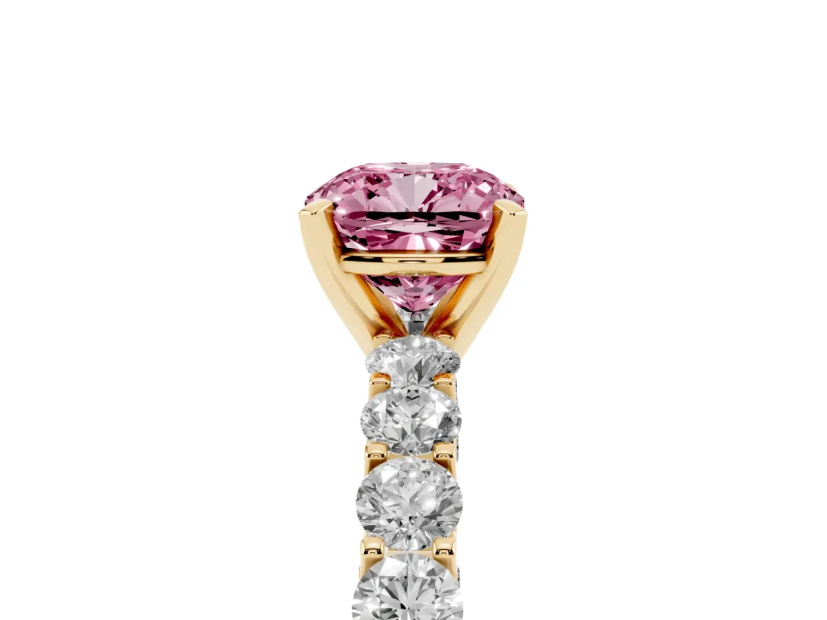 Fancy Pink Cushion Cut Diamond Solitaire Ring with Shared Prong Pavé Band and Four-Prong Setting Yellow gold