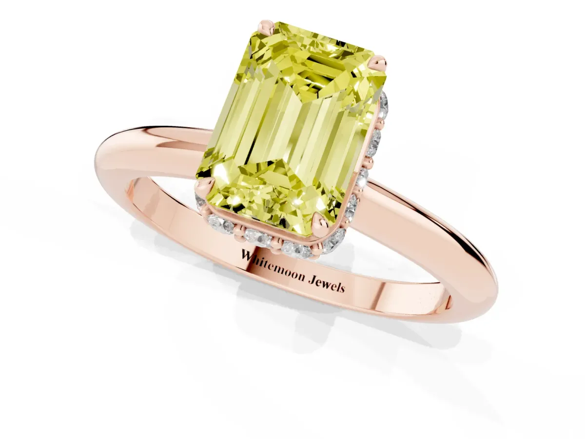 Fancy Yellow Emerald Cut Brilliant Solitaire Engagement Ring with Six-Prong Setting and Classic Band Rose gold