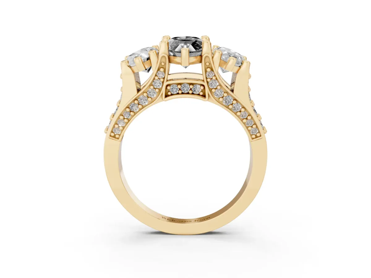 Fancy Black Marquise Cut Diamond Three-Stone Ring with Channel Set Band and Four-Prong Setting Yellow gold