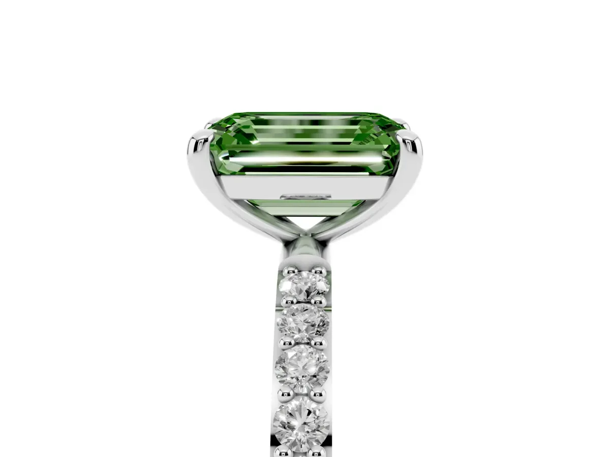 Fancy Green Emerald Cut Diamond Solitaire Ring with Round Pavé Band and Prong Setting Silver