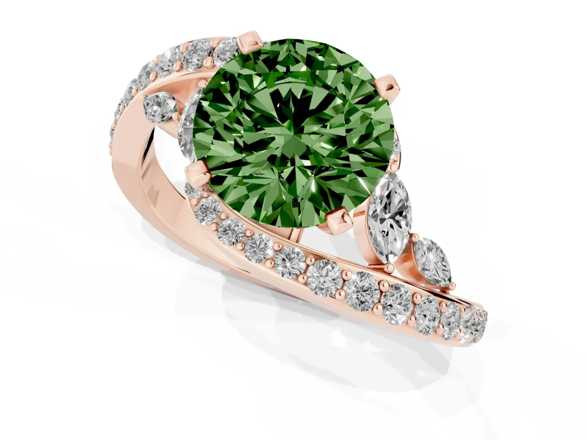 Fancy Green Round Cut Solitaire with Pavé Twist Band and Four-Prong Setting Rose gold