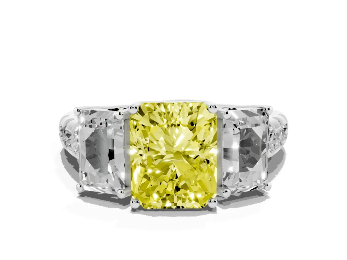 Fancy Yellow Three-Stone Radiant Cut Diamond Pavé Band with Prong Setting Silver