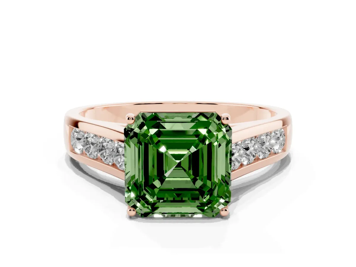 Fancy Green Asscher Cut Solitaire Channel-Set Diamond Engagement Ring with Four-Prong Setting Rose gold