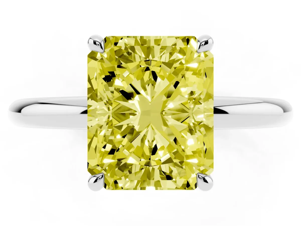 Fancy Yellow Radiant Cut Diamond Solitaire Ring with Thin Band and Four-Prong Setting Platinum