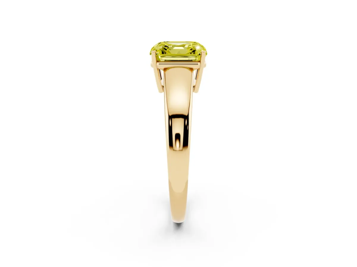 Fancy Yellow Asscher Cut Solitaire Diamond Ring with Tapered Band and Four-Prong Setting Yellow gold