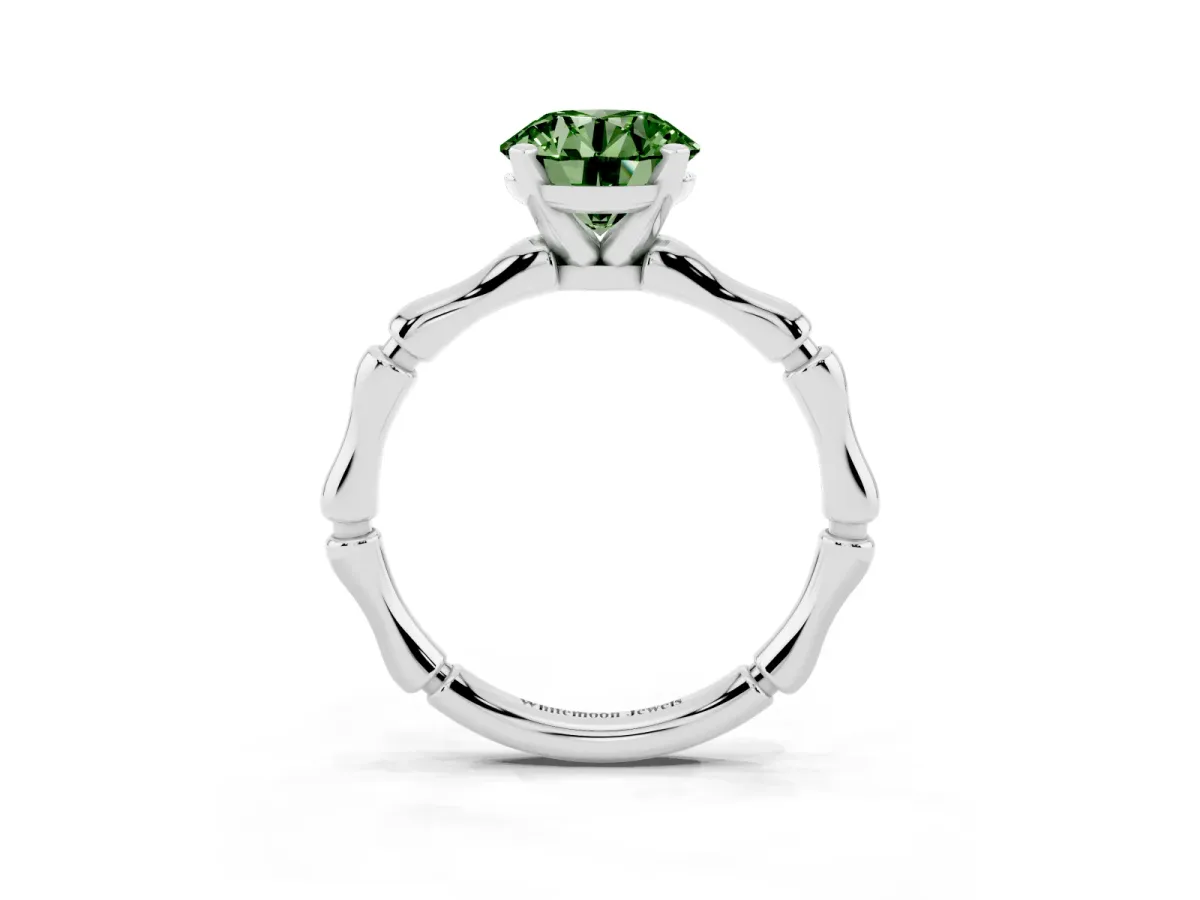 Fancy Green Round Cut Solitaire Diamond Ring with Bamboo Band and Four-Prong Setting Silver