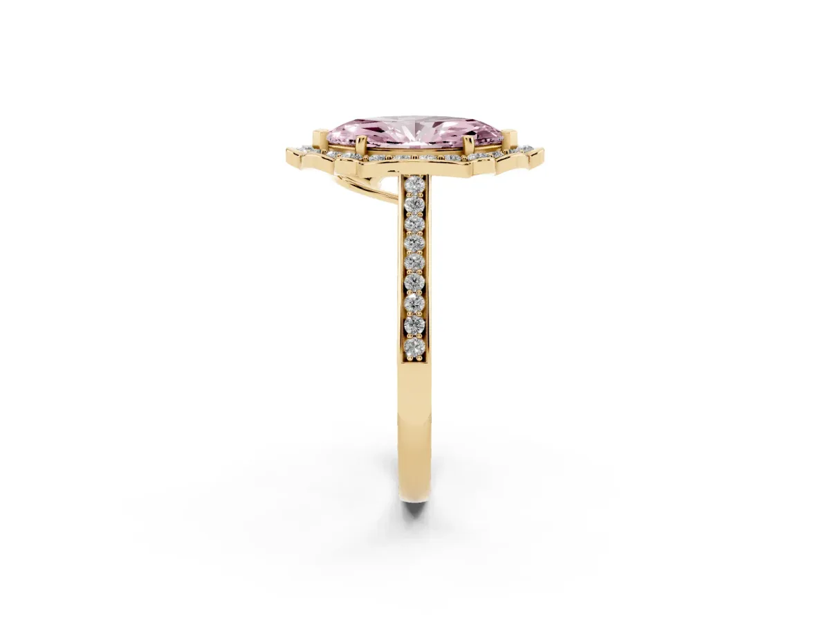 Fancy Pink Marquise Cut Halo Round Diamond Pave Band with Four-Prong Setting Yellow gold