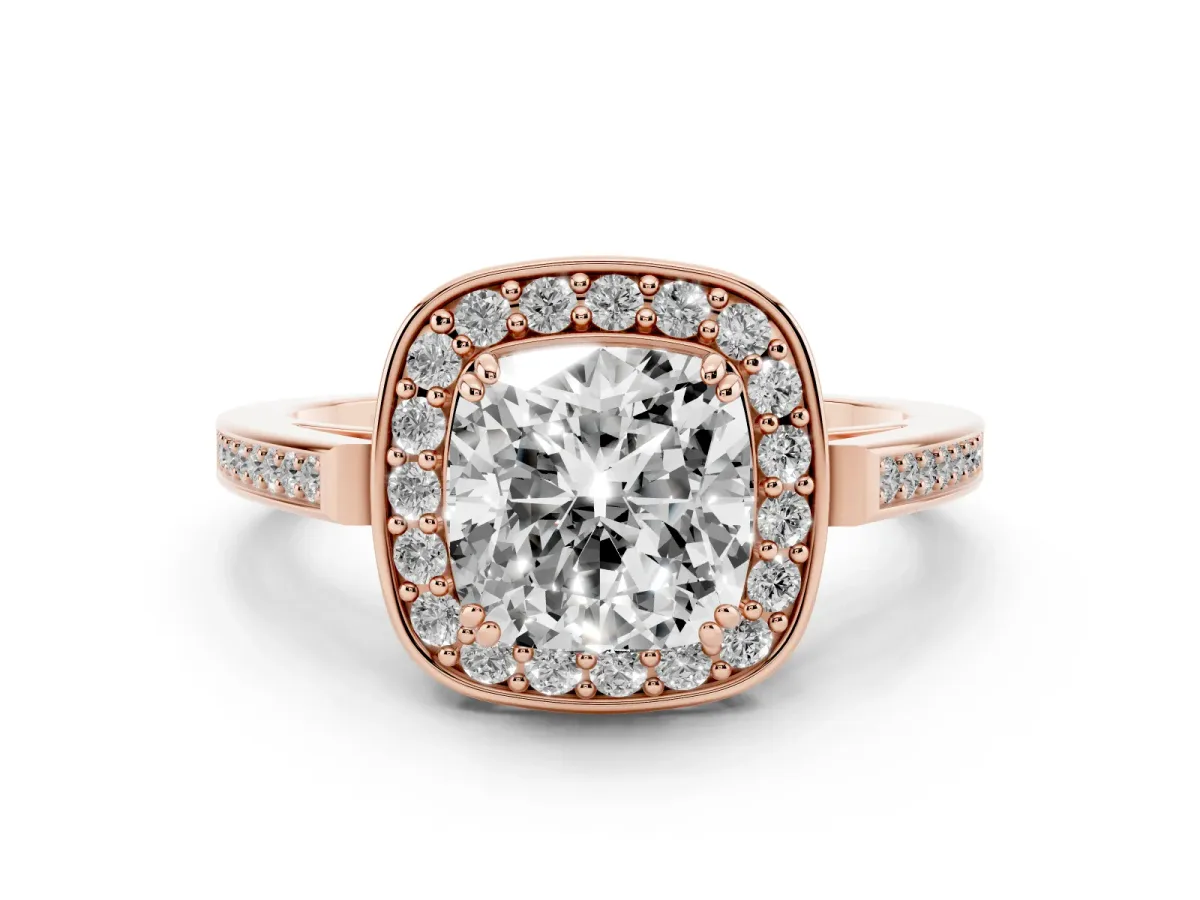 Cushion Cut Diamond Halo Ring with Split Shank and Four-Prong Setting Rose gold
