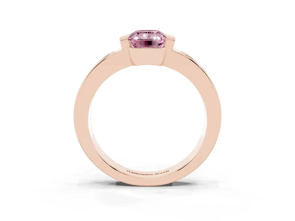 Fancy Pink Emerald Cut Brilliant Channel-Set Diamond Ring with Bezel Prong Setting Rose gold