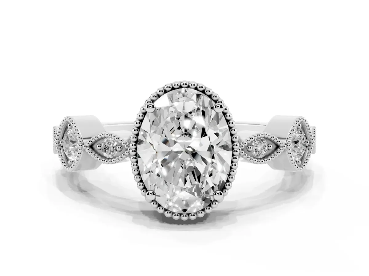 Oval Cut Diamond Vintage Milgrain Ring with Round Stations Silver