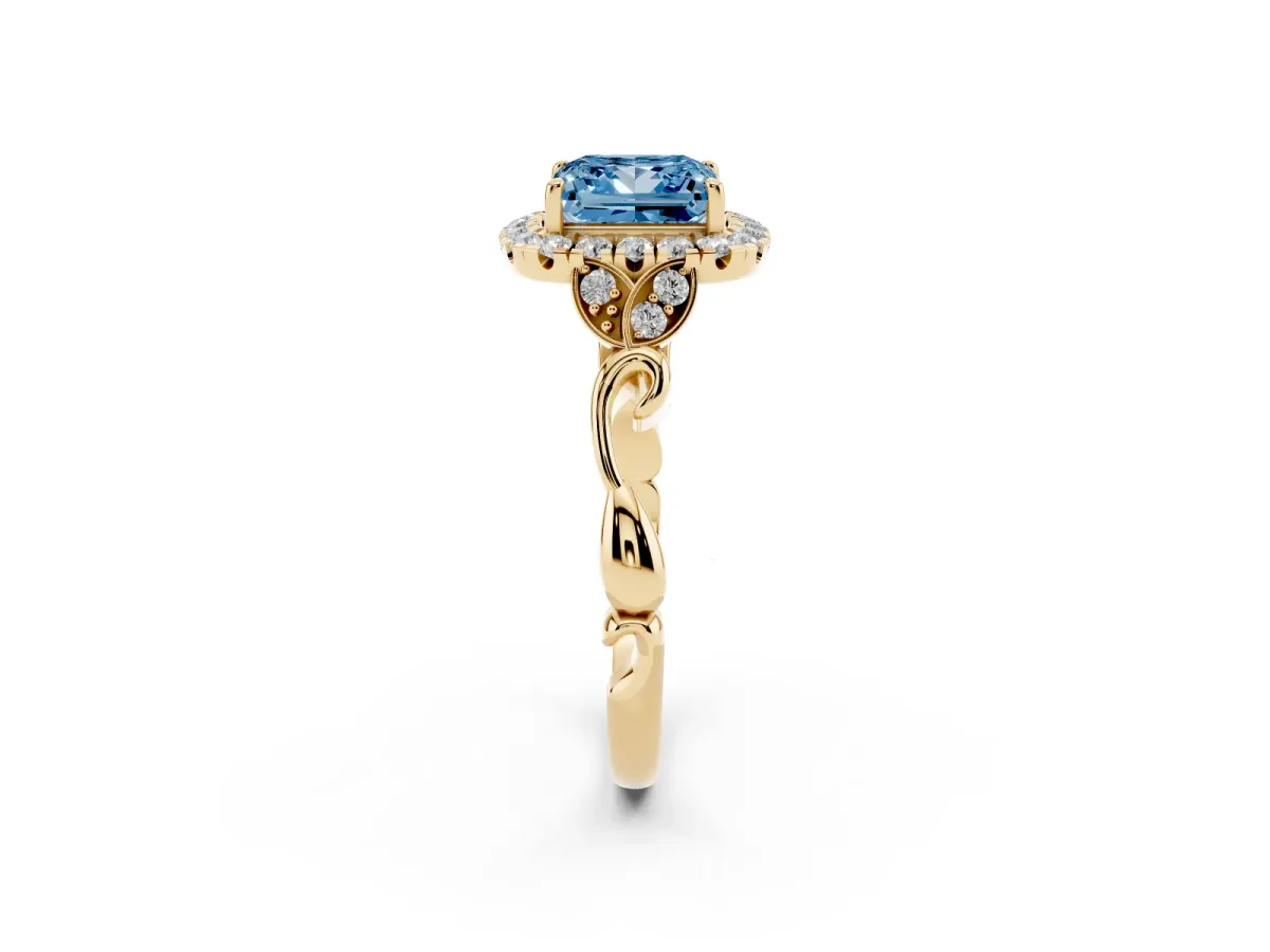 Fancy Blue Princess Cut Halo Diamond Engagement Ring with Vintage-Inspired Band and Four-Prong Setting Yellow gold