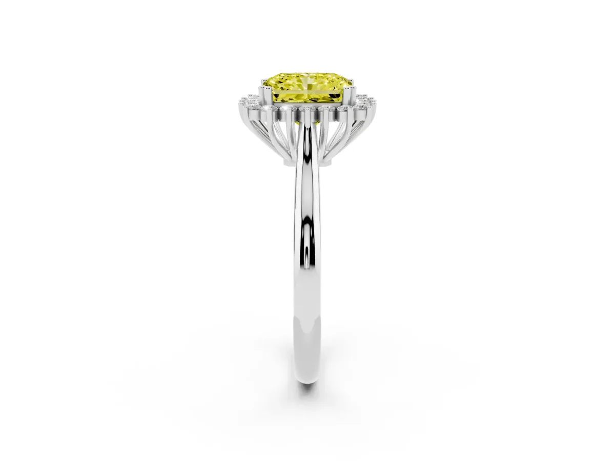 Fancy Yellow Radiant Cut Cut Diamond Halo Ring with Solitaire Band and Prong Setting White gold