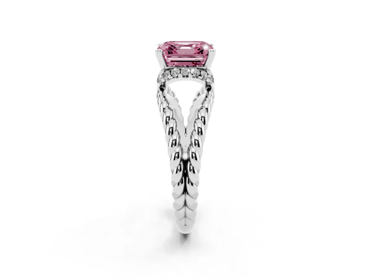 Fancy Pink Asscher Cut Halo Twisted Band Four-Prong Ring Silver