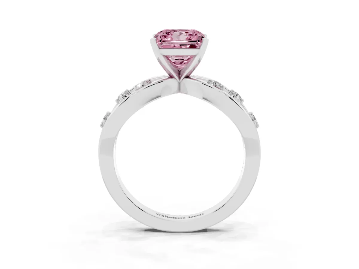 Fancy Pink Princess Cut Cut Solitaire Diamond with Side Stones on Criss-Cross Band and Four-Prong Setting Platinum