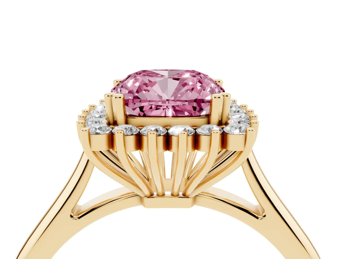 Fancy Pink Cushion Cut Cut Diamond Halo Ring with Solitaire Band and Prong Setting Yellow gold