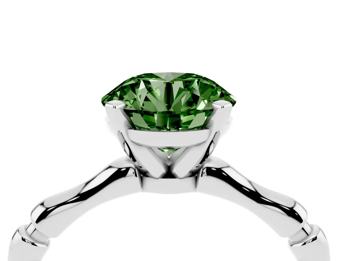 Fancy Green Round Cut Solitaire Diamond Ring with Bamboo Band and Four-Prong Setting Silver