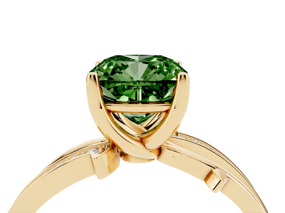 Fancy Green Cushion Cut Solitaire Twist Band with Pavé Accents and Four-Prong Setting Yellow gold