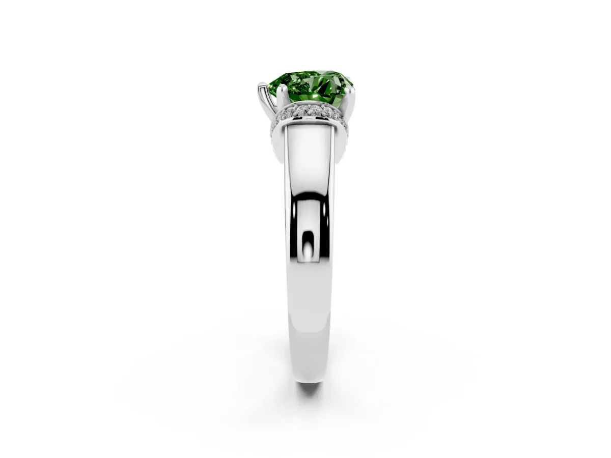 Fancy Green Heart Cut Solitaire Diamond Ring with Pave Band and Six-Prong Setting Platinum