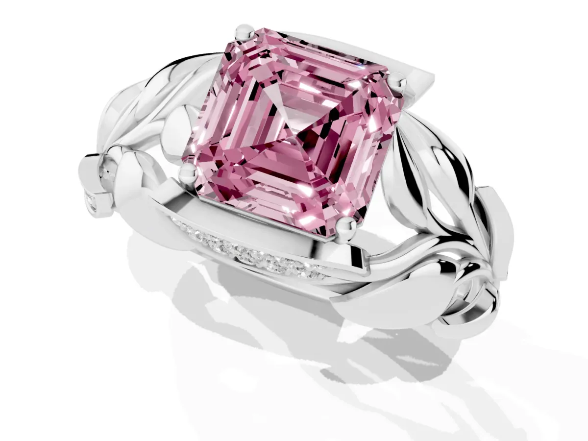 Fancy Pink Asscher Cut Diamond Leaf-Inspired Engagement Ring with Round Accents and Prong Setting Platinum