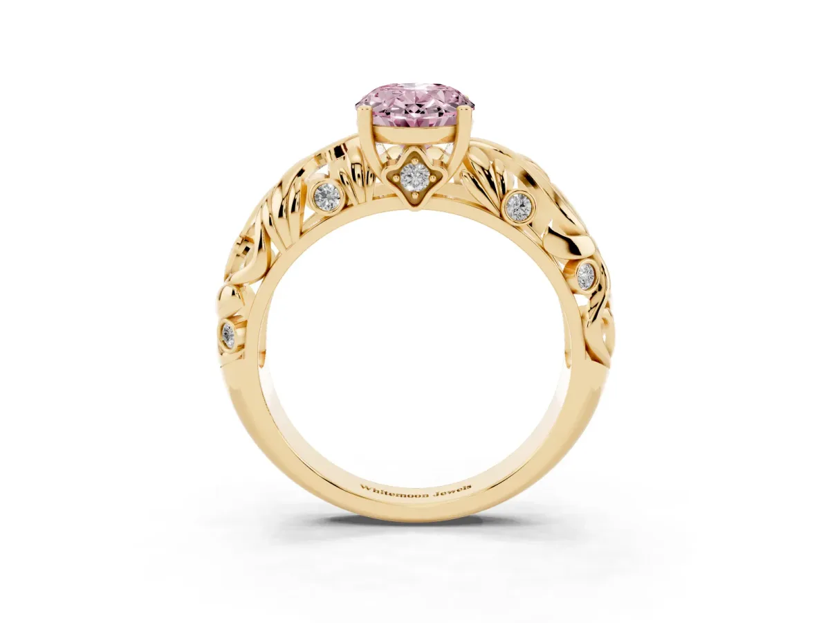 Fancy Pink Oval Cut Solitaire Diamond Leaf-Inspired Vine Band Ring with Prong Setting Yellow gold