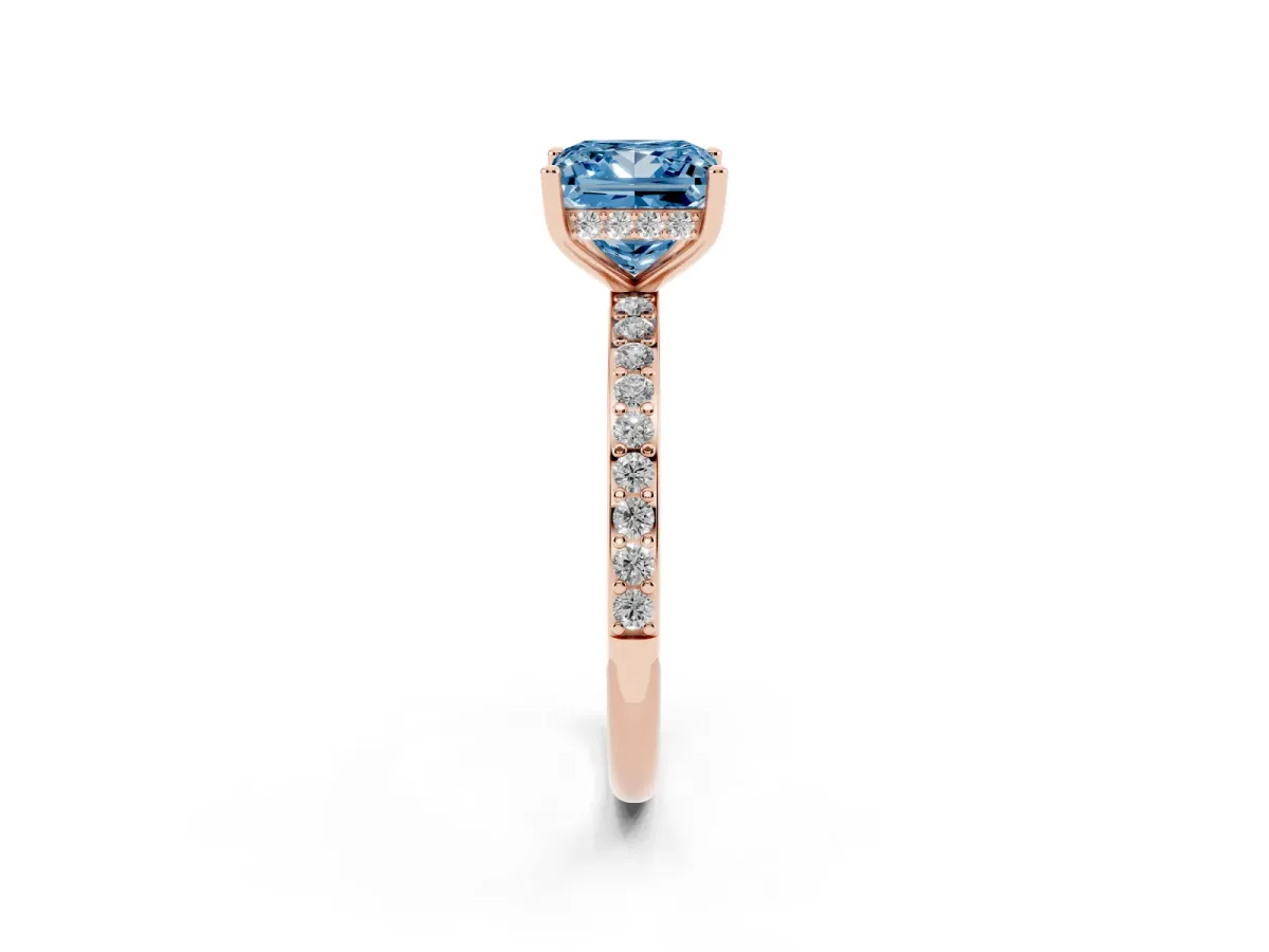 Fancy Blue Princess Cut Cut Diamond Pavé Band Ring with Four-Prong Setting Rose gold