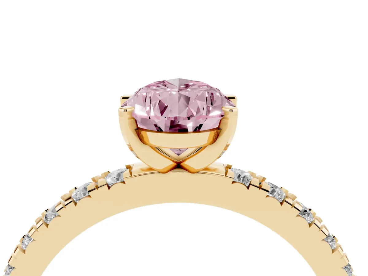 Fancy Pink Pear Cut Diamond Pavé Band Solitaire with Four-Prong Setting Yellow gold