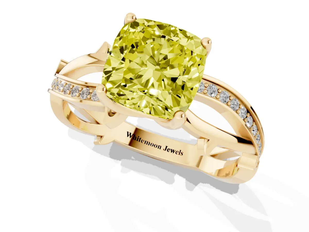 Fancy Yellow Cushion Cut Solitaire Twist Band with Pavé Accents and Four-Prong Setting Yellow gold
