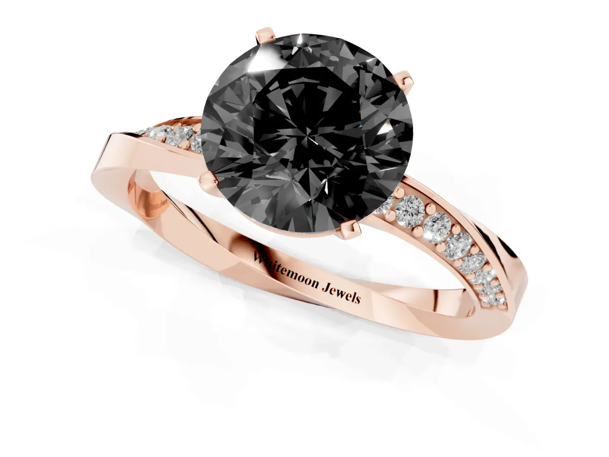 Fancy Black Round Cut Diamond Engagement Ring with Side Stone Accents and Four-Prong Setting Rose gold