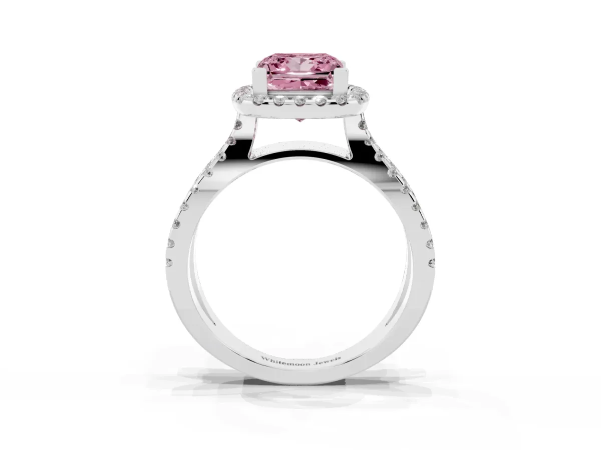 Fancy Pink Princess Cut Diamond Halo Ring with Split Shank Pavé Band and Prong Setting Silver