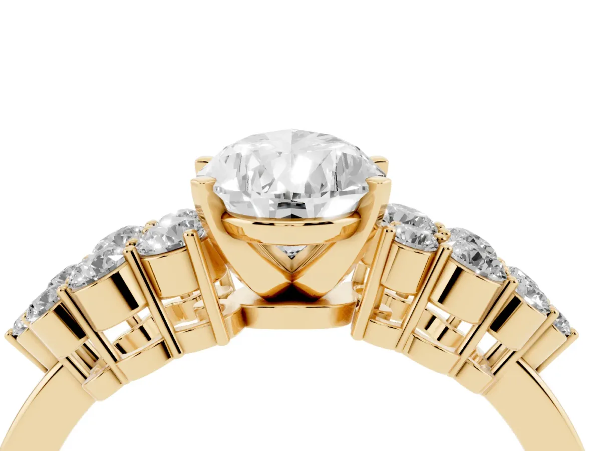 Pear Cut Cluster Diamond Engagement Ring with Pavé Band and Four-Prong Setting Yellow gold