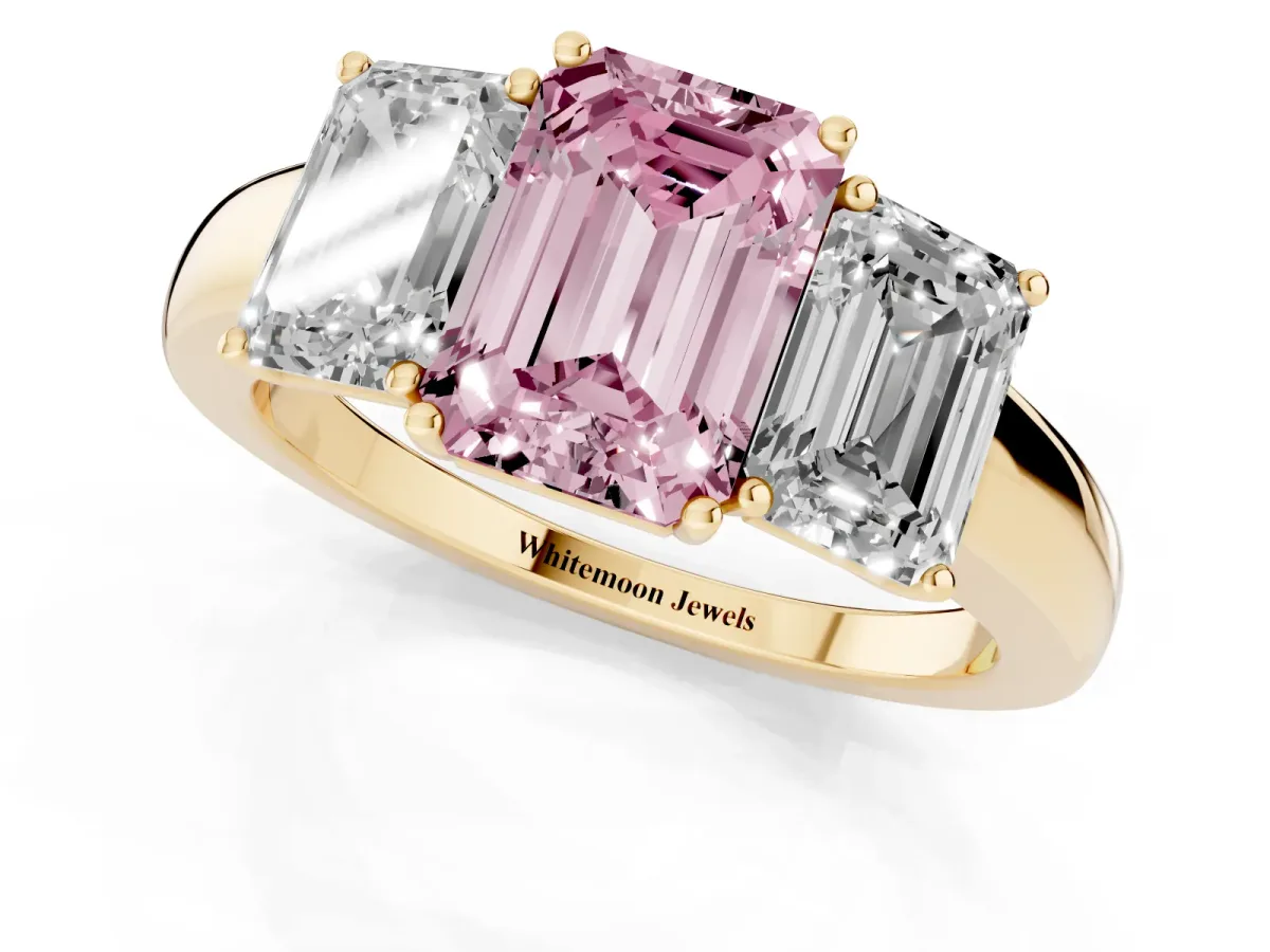 Fancy Pink Emerald Cut Diamond Three-Stone Ring with Four-Prong Setting and Classic Band Yellow gold