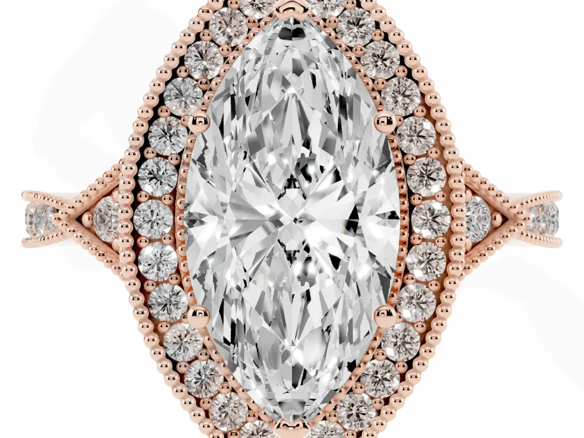 Marquise Cut Halo Round Diamond Milgrain Pave Engagement Ring Rose gold