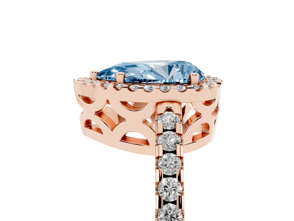 Fancy Blue Pear Cut Diamond Halo Engagement Ring with Pavé Band and Prong Setting Rose gold