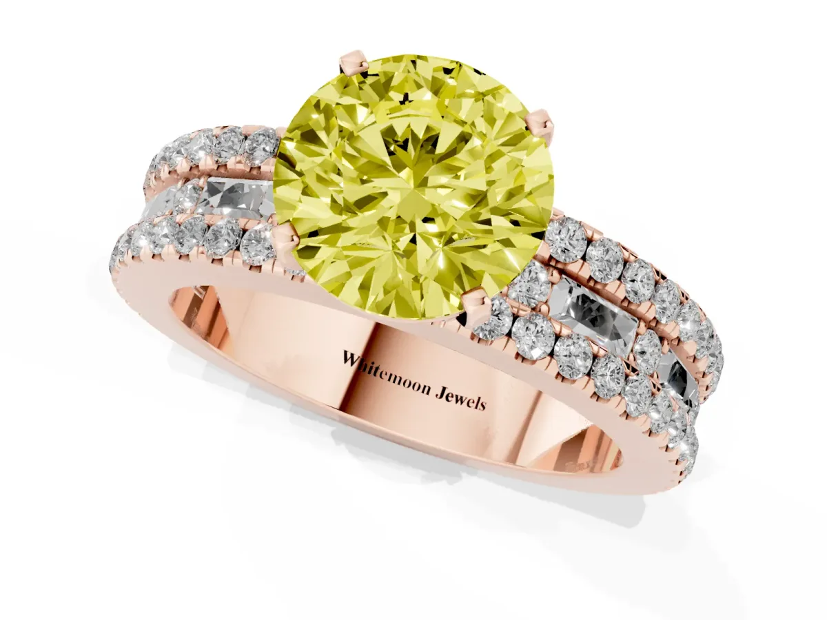 Fancy Yellow Round Cut Diamond Solitaire Ring with Pavé and Channel Set Band Rose gold